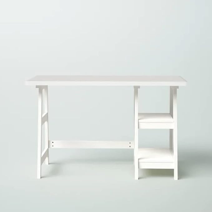 Farmhouse Style Rising Desk Home Office | 2 Open Side Shelves for Extra Storage Wide Top SurfaceLaddered Legs Reversible | Student Laptop Accessories Solid Wood Manufactured | White Color