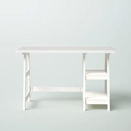 Farmhouse Style Rising Desk Home Office | 2 Open Side Shelves for Extra Storage Wide Top SurfaceLaddered Legs Reversible | Student Laptop Accessories Solid Wood Manufactured | White Color
