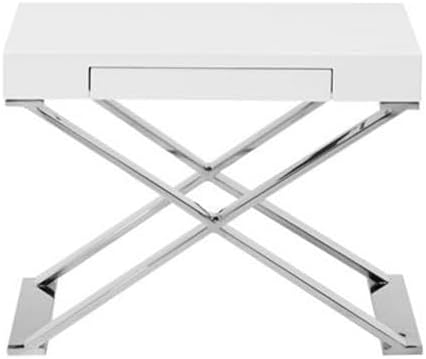 Pemberly Row Modern Side Table High Gloss Lacquer Finish High Polished Steel Metal Legs White 16 H x 21 W x 16 D Pull-Out Drawer Multifunctional End Table or Nightstand