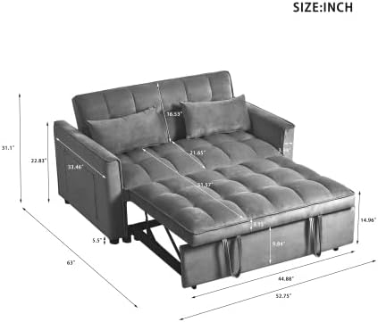 Modern Velvet Sofa Bed with 3-Level Adjustable Backrest &amp Included Pillows Pull Out Convertible Sleeper Chair with High Density Foam for Small Spaces (Dark Gray)