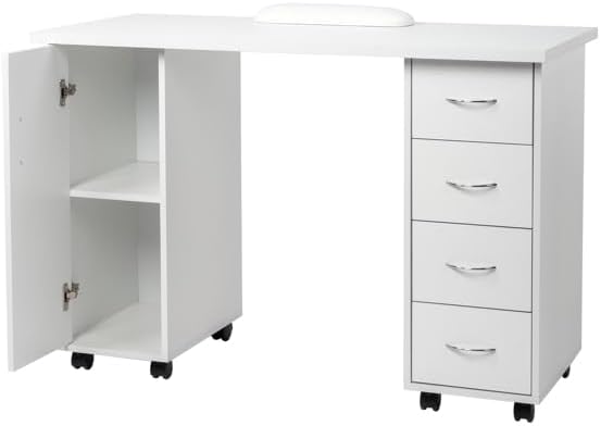 Modern White Computer Desk 47 Office Desk with Cabinet Writing Gaming Table on Wheels Home Office Desk for Bedroom Study Table 120 x 54 x 80CM