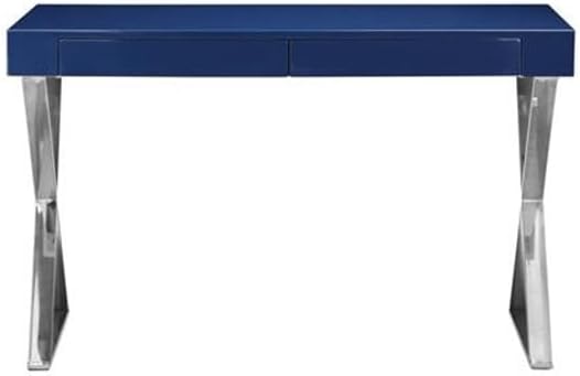 Pemberly Row Modern Writing Desk Glossy Navy Lacquer Finish High Polished Steel X-Legs 30 H x 24 W x 47 D Rectangular Design 2 Drawers Fully Assembled Top Home Office Desk