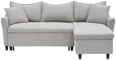 80'' Convertible Sectional Sofa Couch 3 Seat L Shaped Sleeper Sofa Bed with Pillows and Storage Chaise Pull Out Couch Bed Modern Corduroy Small Couches Futon for Living Room Apartment (Gray)