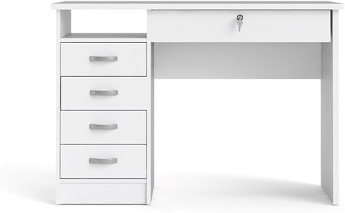 Pemberly Row Transitional Engineered Wood Home Office Computer Desk White Finish 43 in Wide 5 Drawers with Lockable Storage Durable Scandinavian Design Ideal for Writing or Work Spaces