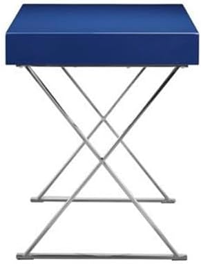 Pemberly Row Modern Writing Desk Glossy Navy Lacquer Finish High Polished Steel X-Legs 30 H x 24 W x 47 D Rectangular Design 2 Drawers Fully Assembled Top Home Office Desk