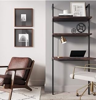 2-Shelf Wall Mount Desk Laptop Desk with Shelves Modern Computer Writing Table with Power Strip for Work Platform Ladder Desk Shelf Desk Industrial Desk 72 Inch Height Brown Black