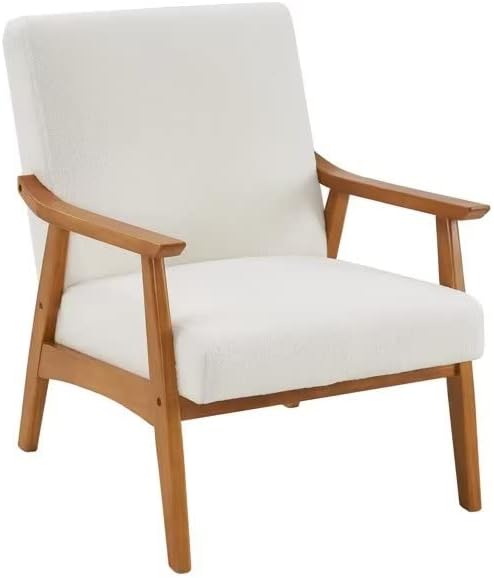 Modern Velvet Accent Chair Teddy Velvet Single Indoor Lounge Chair Comfty Sofa Armchair with Wood Legs and Backrest for Living Room Bedroom Compact Space Creamy White