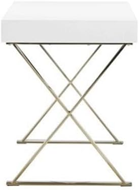 Pemberly Row Modern Writing Desk 47 in x 24 in x 30 in High Gloss Lacquer Finish White and Gold High Polished Steel Legs 2 Drawers Rectangular Home Office or Study Room Furniture