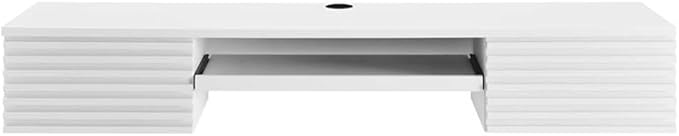 Pemberly Row Wall-Mount Office Desk 60 in Wide Particleboard with Wood Grain Laminate White Finish Pull-Out Keyboard Tray Full-Extension Drawers Mid-Century Modern Style for Home Office or Dorm