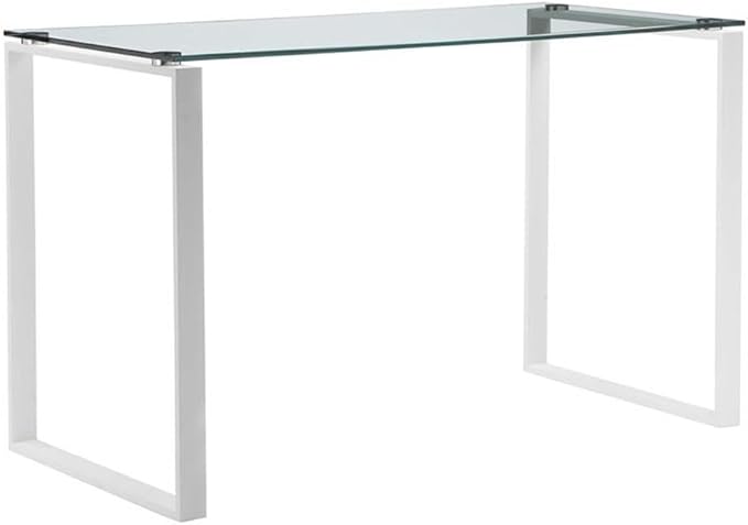 Pemberly Row Contemporary Writing Desk 47 in Tempered Glass and Metal White Finish Modern Design Multipurpose for Home Office or Dining Use 29.5 in Height