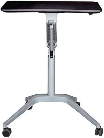 Pemberly Row Height Adjustable Stand Up Laptop Table 28-41 in Espresso Finish MDF Top Silver Lacquered Aluminum Base Locking Casters Mobile Contemporary Home Office Desk
