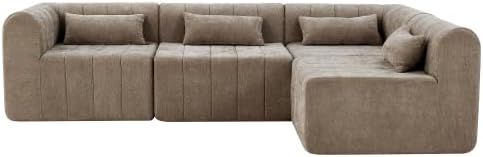 Christopher Knight Home Flarin 145.5 Convertible Sectional Sofa Couch L-Shape Home Sofa Living Room 4 Seat Sectional Sleeper Sofa Fabric Upholstered Comfy Cloud Couch No Assembly Light Brown
