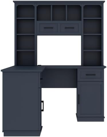 Bellemave L-Shaped Computer Desk with Drawers Hutch and Bookshelf Home Office Desk Corner Gaming Computer Desk with Power Outlet Study Table Writing Desk Antique Blue