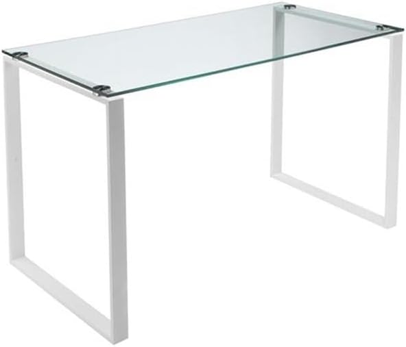 Pemberly Row Contemporary Writing Desk 47 in Tempered Glass and Metal White Finish Modern Design Multipurpose for Home Office or Dining Use 29.5 in Height