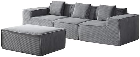 Harper Convertible Corduroy Sectional Couch with Ottoman &amp Pillows Modular L Shaped Sleeper Sofa Boneless Cloud Couch for Living Room Furniture Dark Grey