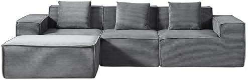Harper Convertible Corduroy Sectional Couch with Ottoman &amp Pillows Modular L Shaped Sleeper Sofa Boneless Cloud Couch for Living Room Furniture Dark Grey