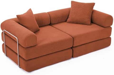 Foldable Sofa Bed 75 Inch Boneless Couch Convertible Memory Foam Sleeper Sofabed Floor Mattress with 2 Pillows Microfiber Cloud Sofa for Living Room Apartment No Assembly (Orange)