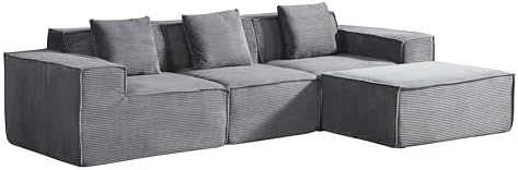 Harper Convertible Corduroy Sectional Couch with Ottoman &amp Pillows Modular L Shaped Sleeper Sofa Boneless Cloud Couch for Living Room Furniture Dark Grey