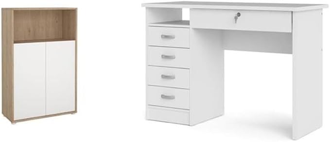 Pemberly Row Set of 2 Home Computer Office Desk &amp 3-Shelf Adjustable Bookcase