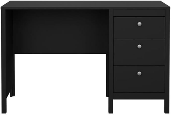 Pemberly Row Home Office Writing Desk 47 in Engineered Wood Black Matte Paper Foil Finish 3 Storage Drawers with Metal Glides 2 Hardware Options Sleek Workspace for Home or Office Use