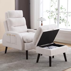 Accent Chair with Ottoman Set Comfy Reading Chair and Ottoman Modern Oversized Lounge Armchair with Adjustable Backrest for Living Room Bedroom Teddy White