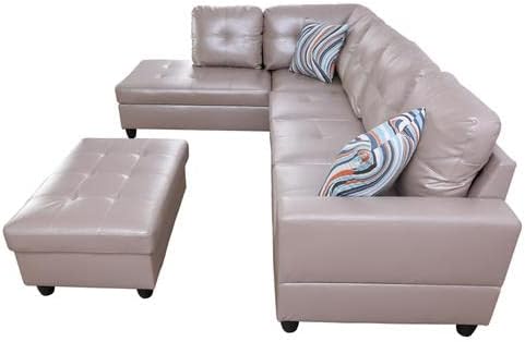 Leather Sectional Sofa SetL Shaped SofaSectional Sofa for Living Room Living Room Furniture Sets Apply to Apartment and Home(Leather Sectional Couch+Hydraulic Rod Ottoman) Latte
