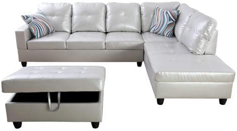 Leather Sectional Sofa SetL Shaped SofaSectional Sofa for Living Room Living Room Furniture Sets Apply to Apartment and Home(Leather Sectional Couch+Hydraulic Rod Ottoman) Powder