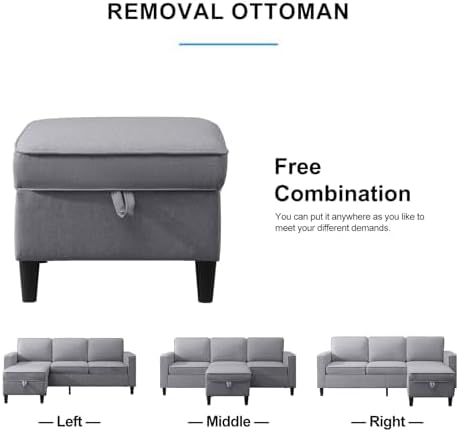 PUREMIND 2 Piece Living Room Sofa Set L Shaped Sectional Couch and Loveseat Sets Modern Linen 3 Seater Sofa with Storage Ottoman + 2-Seat Love Seat Furniture Sets for Apartment