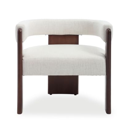Modern Barrel Accent Chair Cozy Upholstered Beige Linen Living Room Chair for Bedroom Walnut Wood Frame Low Back Armchair Vintage Lounge Reading Chair for Apartment Waiting Room Office