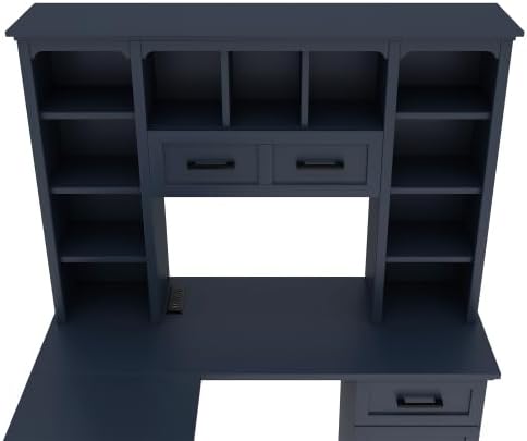 Bellemave L-Shaped Computer Desk with Drawers Hutch and Bookshelf Home Office Desk Corner Gaming Computer Desk with Power Outlet Study Table Writing Desk Antique Blue