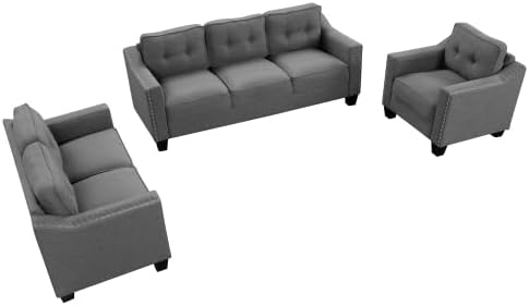 Eafurn 3-Piece Mid-Century Linen Upholstered Living Room Furniture Sets Include 3 Seater Sofa Loveseat Couches and Armchair with Tufted Back Cushions and Nailhead Trim for Living Room/Bedroom/Home