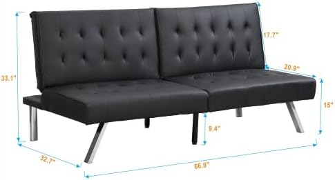 Convertible Futon Sofa Bed Modern 68'' Fabric Sleeper Couch for Living RoomGuest Bed Adjustable Backrest Upholstered Recliner Chair Loveseat for Compact Small Space Living Room (Black)