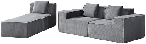 Harper Convertible Corduroy Sectional Couch with Ottoman &amp Pillows Modular L Shaped Sleeper Sofa Boneless Cloud Couch for Living Room Furniture Dark Grey