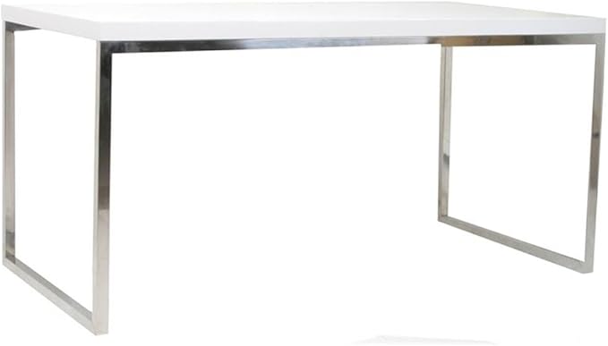 Pemberly Row Modern Writing Desk Gloss Lacquer Finish High Polished Steel Frame White 59 in x 30 in x 30 in Rectangular Design Stylish Desk for Home Office or Workspace