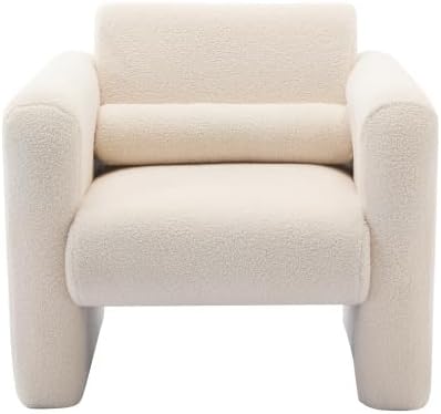 Modern Accent Chair Lambskin Sherpa Fabric Upholstered Comfy Reading Arm Chair Soft Padded Armchair with Back and Pillow for Living Room Bedroom Reception Waiting Room Office Cream
