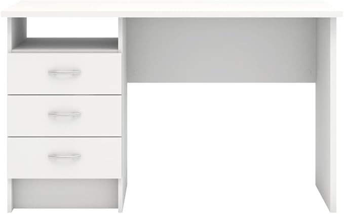 Stylish White Desk with Three Drawers and Open Shelf for Home Office