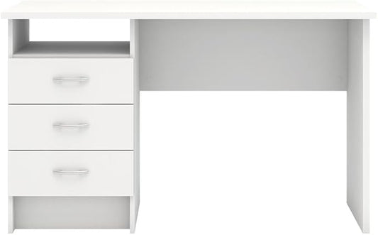 Stylish White Desk with Three Drawers and Open Shelf for Home Office