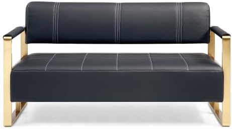 Modern Faux Bonded Leather Loveseat Sofa with Golden Metal Arms 2 Seater Sofa Couch Small Love Seats for Office Apartment Living Room (Black)