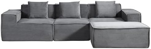 Harper Convertible Corduroy Sectional Couch with Ottoman &amp Pillows Modular L Shaped Sleeper Sofa Boneless Cloud Couch for Living Room Furniture Dark Grey
