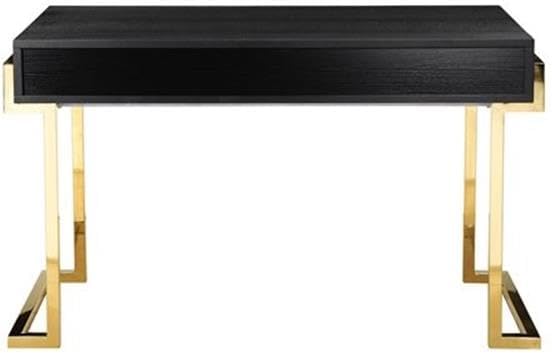 UrbanPro Writing Desk 50 in W x 24 in D x 30 in H Stainless Steel and Black Ash Veneer Gold Finish Handmade Furniture with Soft Close Drawers Modern Home Office Desk