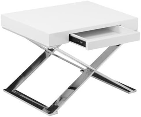 Pemberly Row Modern Side Table High Gloss Lacquer Finish High Polished Steel Metal Legs White 16 H x 21 W x 16 D Pull-Out Drawer Multifunctional End Table or Nightstand