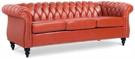 84 Chesterfield Couch PU Leather Modern Rolled Arm Tufted Back 3 Seater Sofa Upholstery Nailhead Trim Couches for Living Room Office (Orange)
