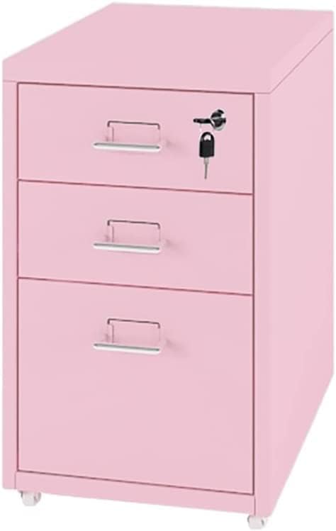 File Cabinet with 3 Drawer Metal Mobile File Cabinet with Lock Casters Under Desk Metal Locker Cabinet for(Color:Pink)