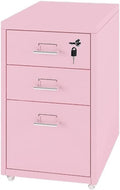 File Cabinet with 3 Drawer Metal Mobile File Cabinet with Lock Casters Under Desk Metal Locker Cabinet for(Color:Pink)