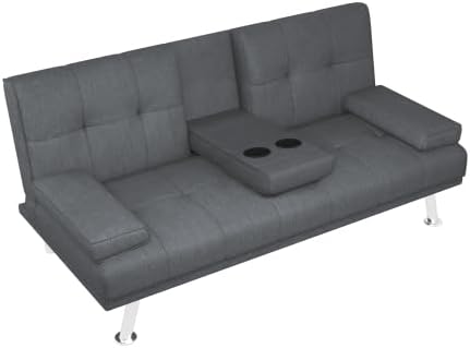Anwick Futon Sofa Bed Modern Folding Couch for Small Space Linen Convertible Loveseat Sleeper Bed Daybed Recliner Lounge Sofas for Living Room2 Cup HoldersMetal LegsRemovable Armrests (Dark Gray)