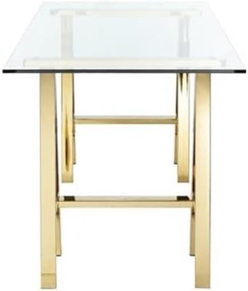 Pemberly Row Contemporary Small Writing Desk 55 in Glass Top Polished Gold Metal Sawhorse Legs Tempered Glass Hand Polished Finish Modern Style Home Office Desk No Assembly Required