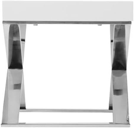 Pemberly Row Modern Side Table High Gloss Lacquer Finish High Polished Steel Metal Legs White 16 H x 21 W x 16 D Pull-Out Drawer Multifunctional End Table or Nightstand