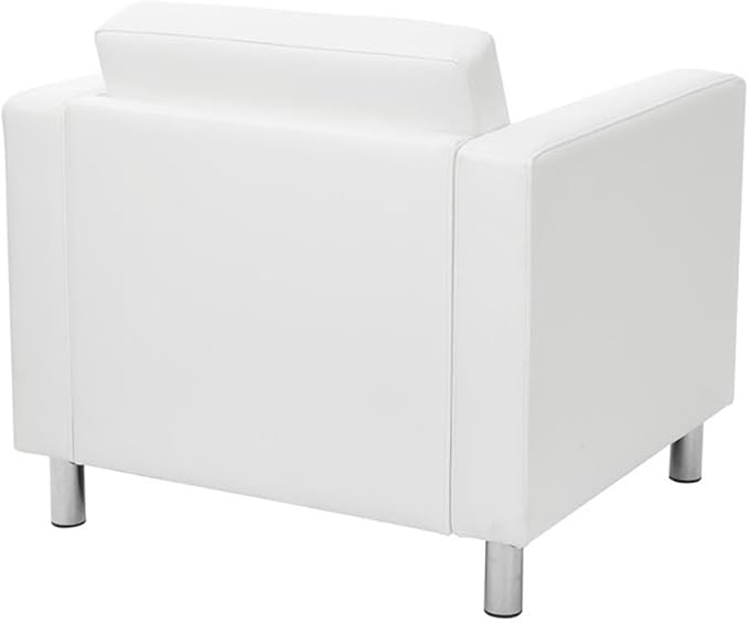 Pemberly Row Contemporary Faux Leather Armchair Snow White Vinyl Upholstery Silver Metal Legs Box Spring Seat 32 W x 30.5 D x 29.5 H Modern Guest Chair for Living Room or Office