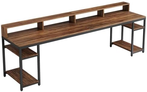 78 Two Person Computer Desk with Drawers Long Double Home Office Desk with with Storage Shelves Large Gaming Study Writing Table Workstation for Office (Brown-Monitor Stand)