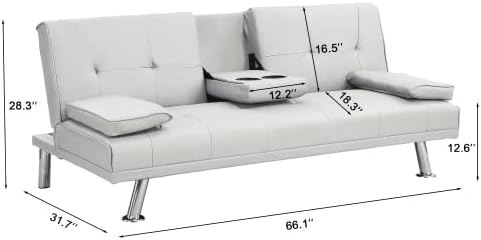 Convertible Folding Futon Sofa Bed Sleeper Couch for Living Room Modern Faux Leather Upholstered Loveseat w/Removable Armrests Metal Legs 2 CupHolders Love Seat Sofa Bed for Small Spaces (White)
